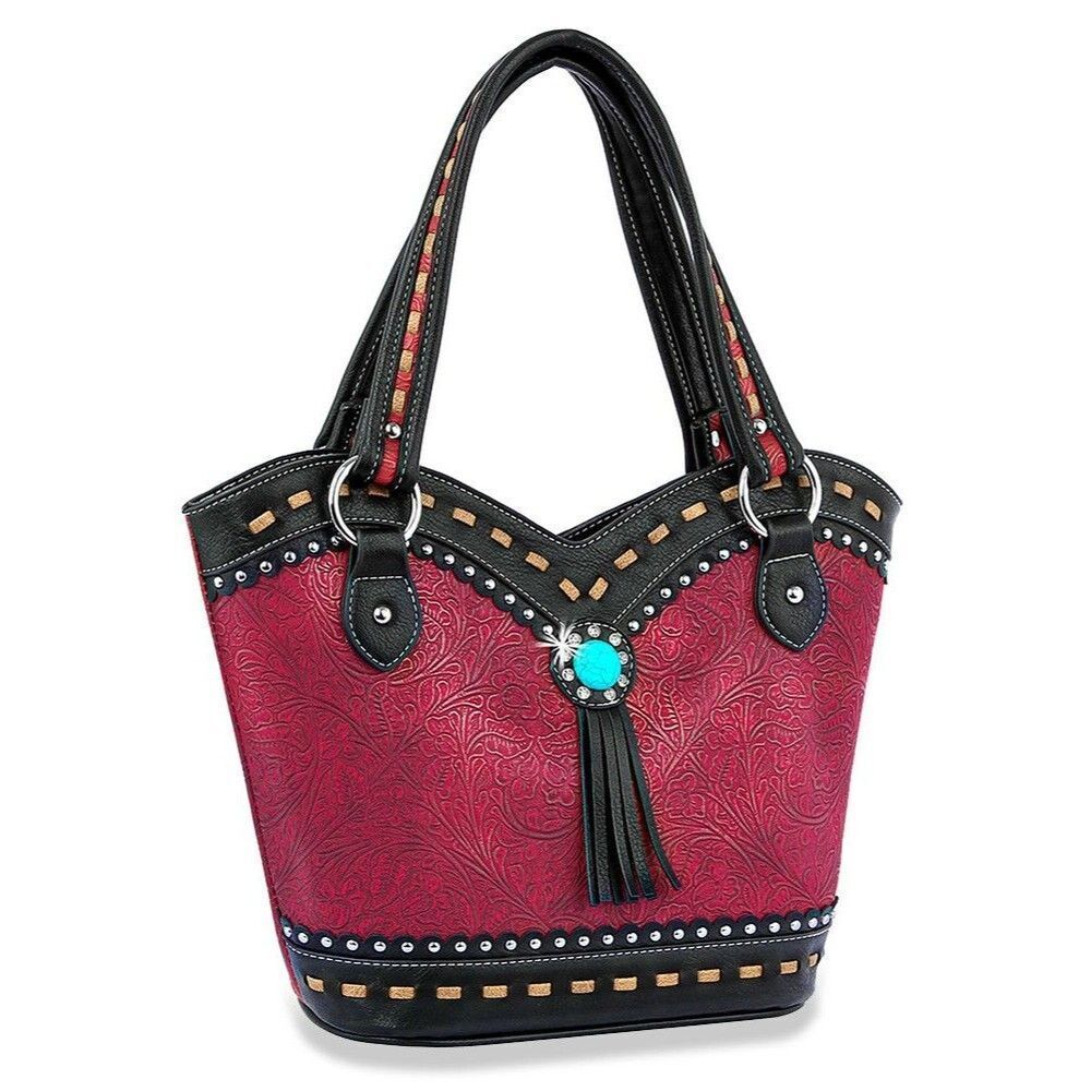 Women's Red Western Style Embossed Tote Handbag